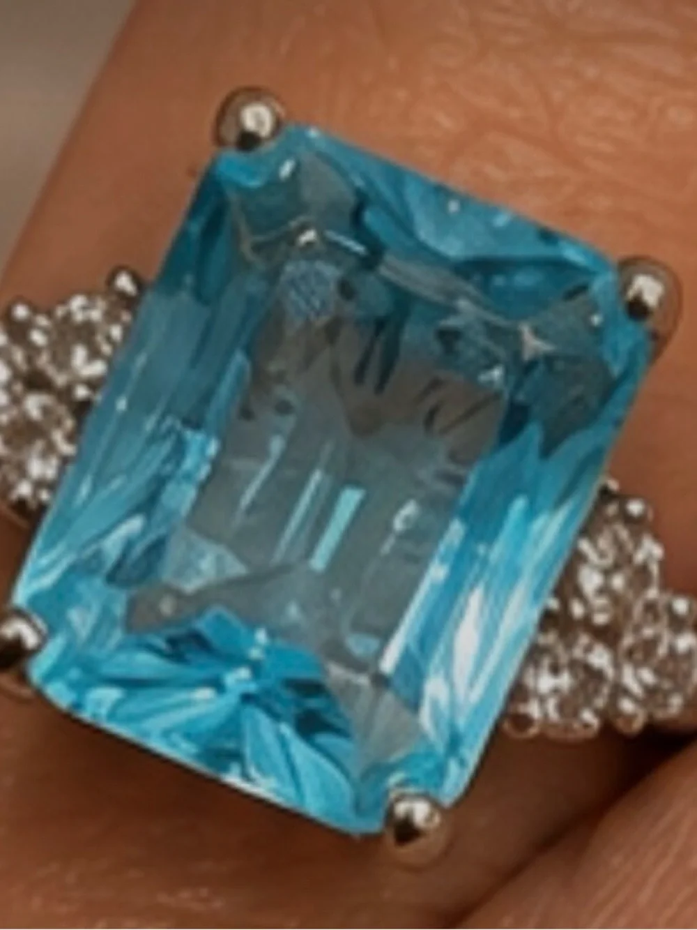 Emerald Cut Aqua Blue Statement Ring – Clear Accent Stones – 925 Sterling